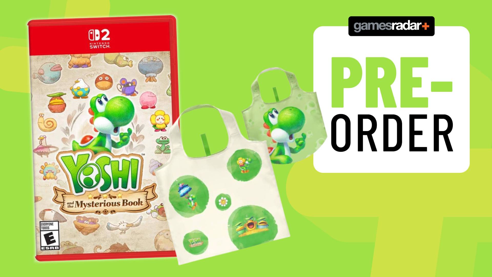 Image of the Yoshi and the Mysterious Book Nintendo Switch 2 box art and a tote bag on a light green GamesRadar+ background.