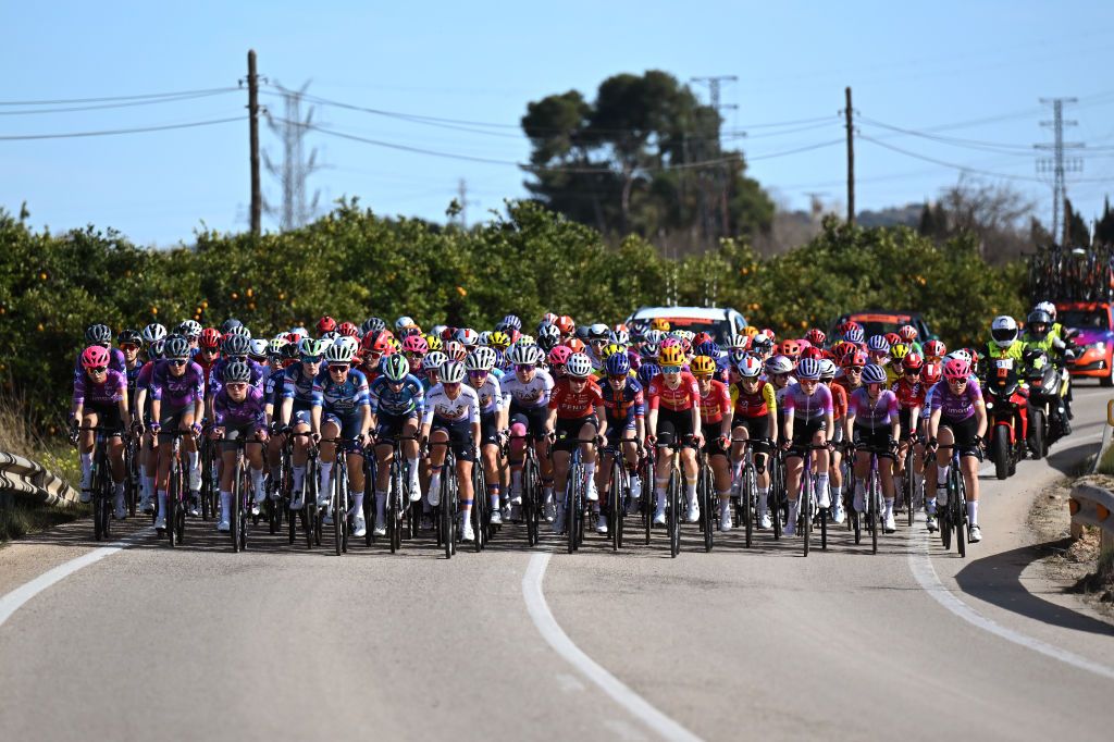GANDIA SPAIN FEBRUARY 13 A general view of the peloton competing during the 9th Setmana Ciclista Volta Femenina de la Comunitat Valenciana 2025 Stage 1 a 112km stage from Alzira to Gandia on February 13 2025 in Gandia Spain Photo by Szymon GruchalskiGetty Images