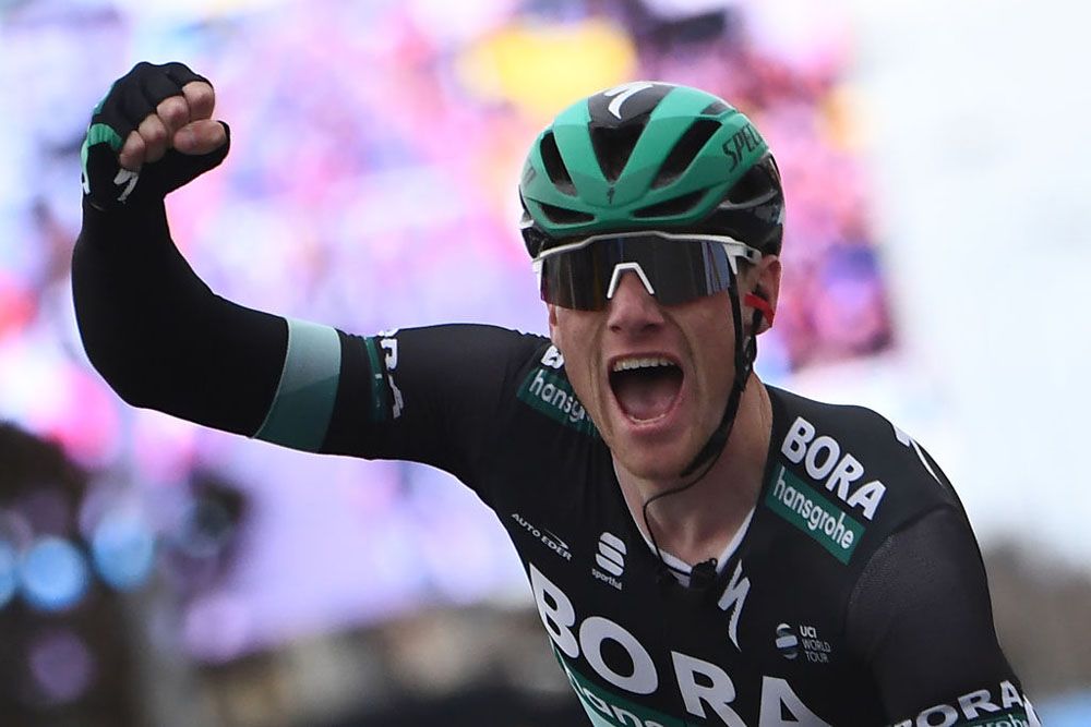 Sam Bennett (Bora-Hansgrohe) celebrates a stage win in Paris-Nice