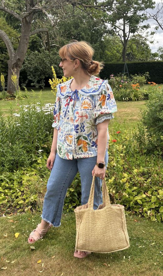 matilda wearing the monsoon blouse with jeans