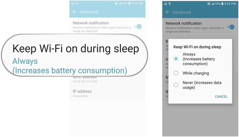 Tap keep-wi-fi on during sleep then tap option of choice