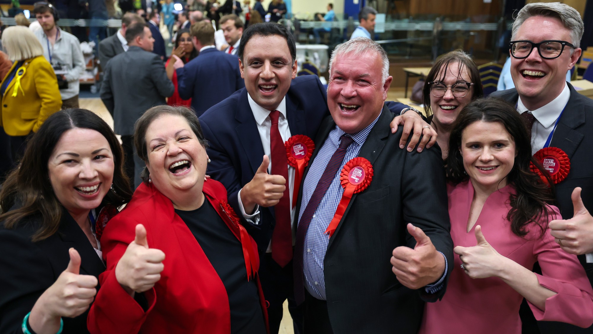 Davy Russell, Scottish Labour candidate, celebrates with Anas Sarwar and Jackie Ballie and Monica Lennon (L) after winning the Hamilton, Larkhall and Stonehouse by-election