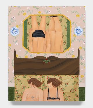 Artwork of a couple in bed, under the mirror