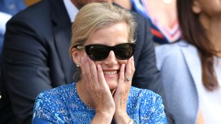 Duchess Sophie clasps her hands to her face as she watches day nine of Wimbledon 2019