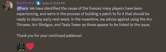 An announcement on the Helldivers 2 Discord from community manager Baskinator, which reads 