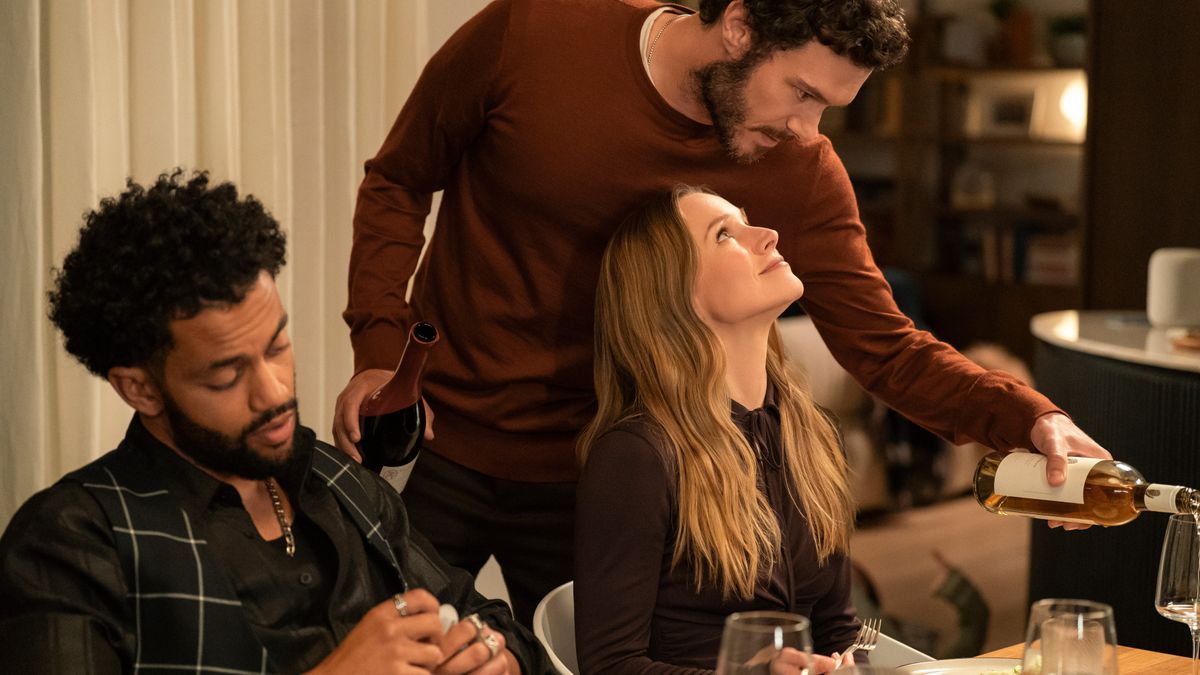 L-r: Lenny (Miles Fowler), Noah (Adam Brody) and Joanne (Kristen Bell) in a scene from "Nobody Wants This" season 2
