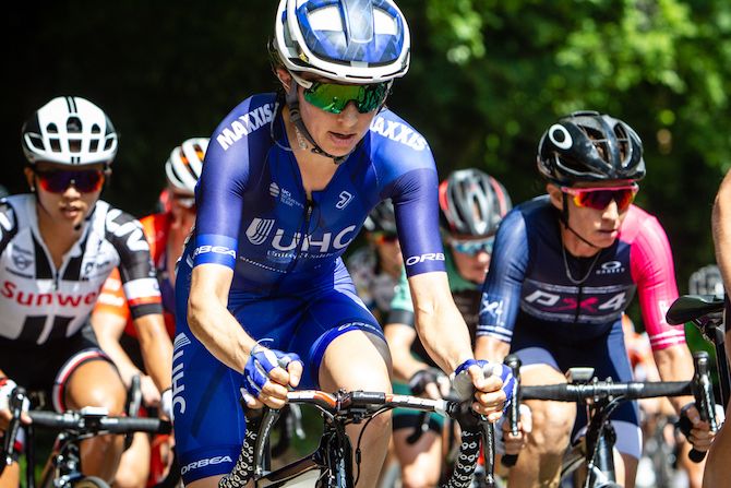 Katharine Hall (UnitedHealthcare) rides in the bunch during the US Pro Road Race National Championships on June 24, 2018 in Knoxville, Tennessee