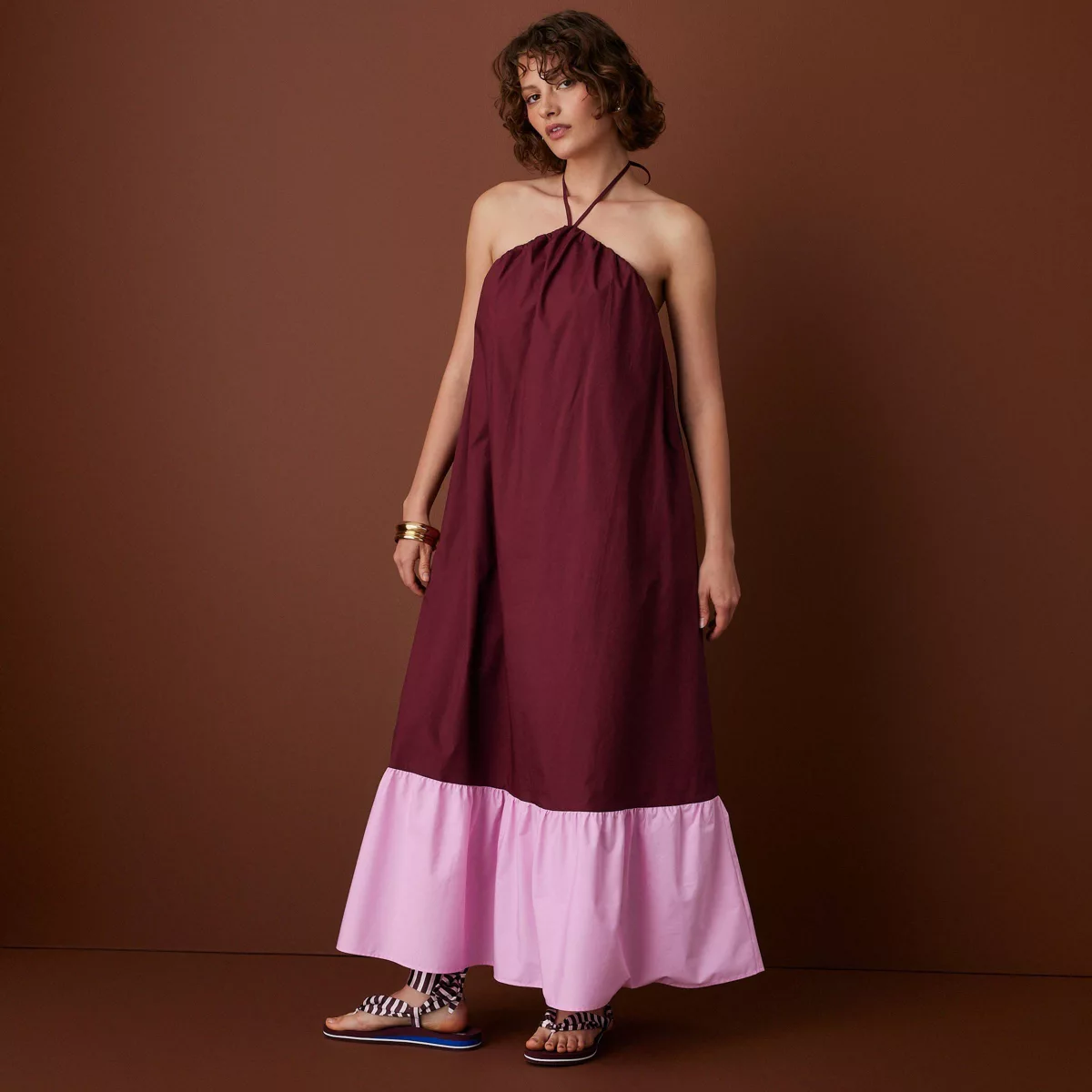 Women's Halter Flounce Colorblock Maxi Dress - Rosie Assoulin X Target Burgundy/pink Xs