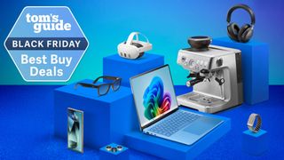 Tech items and coffee machine shown against blue background