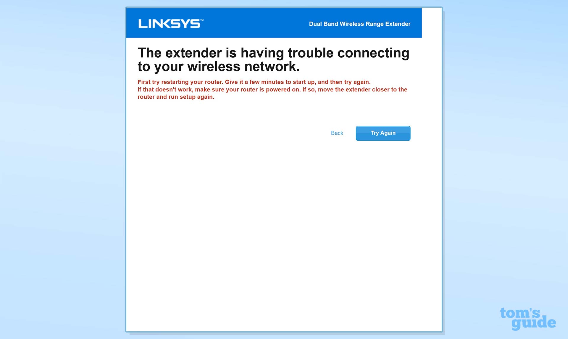 A setup menu screenshot of a connection error message for the Linksys RE7350.
