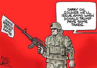 Political cartoon U.S. 2016 election Donald Trump Soldier no ammo