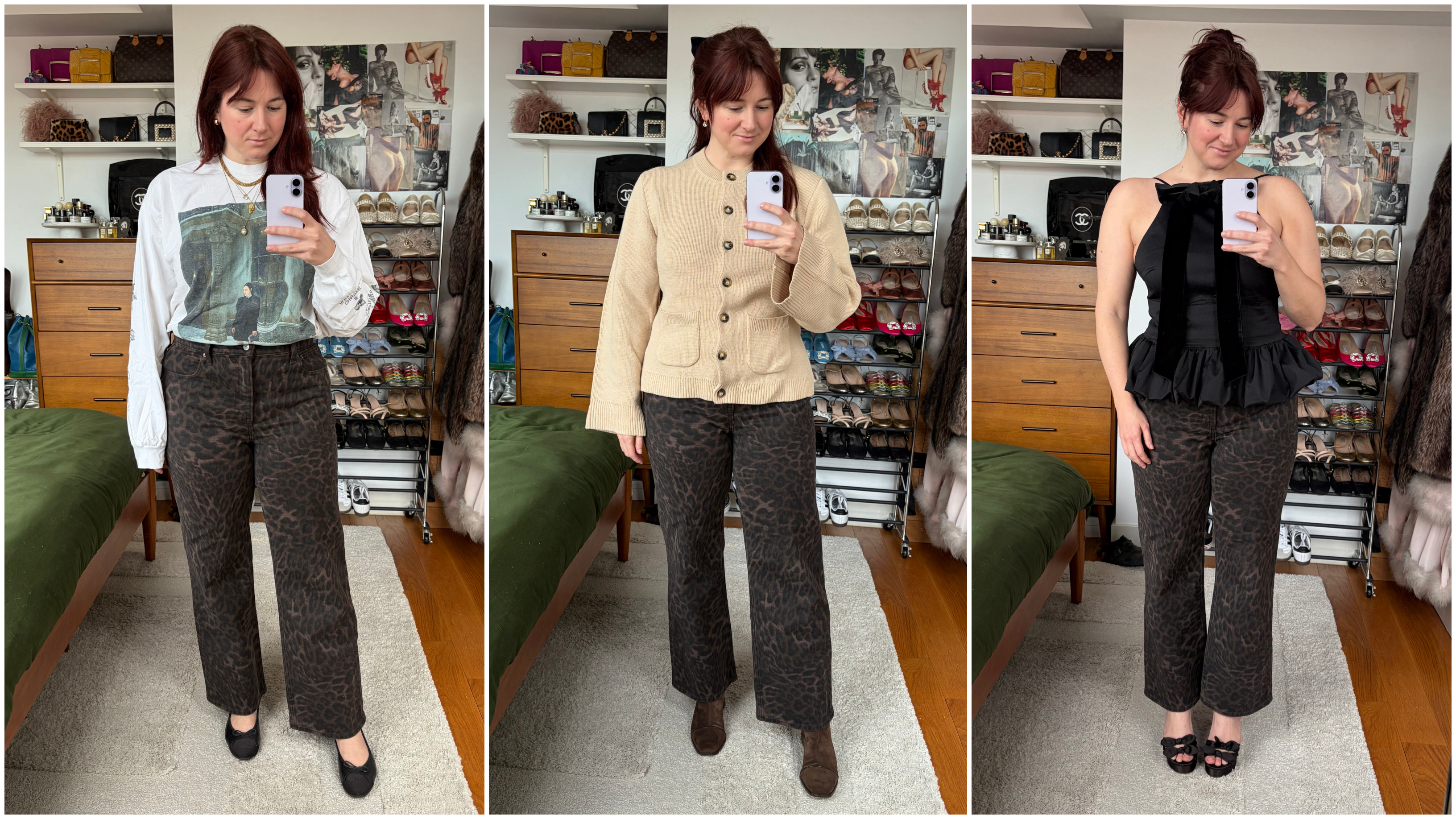 a collage of Tyler McCall wearing Abercrombie leopard print jeans with a graphic tee, tan sweater, and black going out top