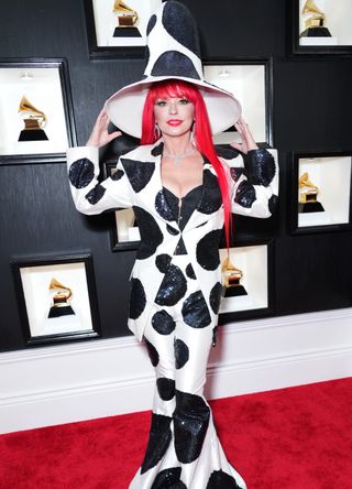 Shania Twain in a cow print suit at the Grammys