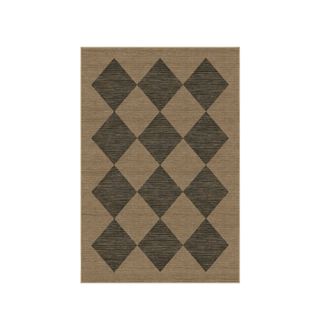 A brown rectangular rug with a black harlequin pattern on it