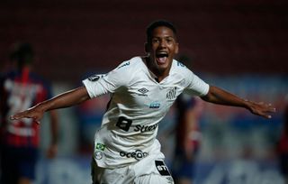 Chelsea signing Brazil's Santos Angelo Gabriel celebrates after scoring a goal during the Copa Libertadores football tournament qualifying round match against Argentina's San Lorenzo at the Pedro Bidegain Stadium, also known as Nuevo Gasometro, in Buenos Aires, on April 6, 2021