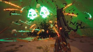 An explosion with green smoke and spectral skulls in Far Far West
