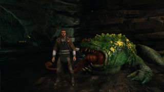 Star Wars Jedi: Survivor Spawn of Oggdo - Cal is standing next to the body of a large frog with huge teeth and yellow speckles on its back