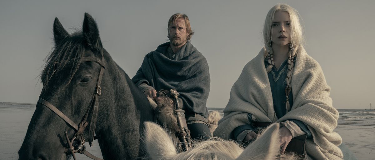 Alexander Skarsgard and Anya Taylor-Joy on horseback in The Northman