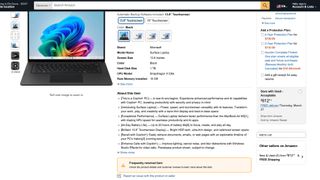 An Amazon product listing of the Microsoft Surface Laptop 7 with a frequently returned warning