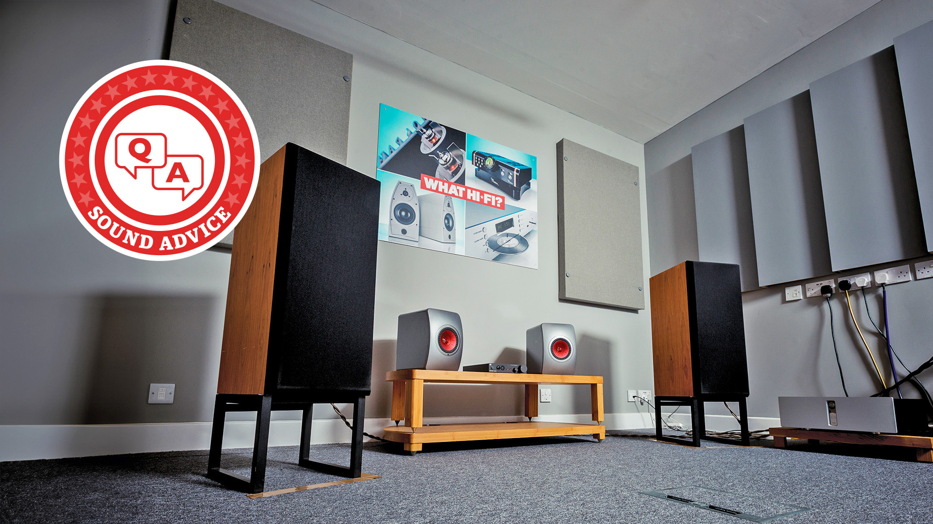 A photograph of a hi-fi in a dedicated test room. In the corner of the image is a red logo that says 'Sound Advice'.