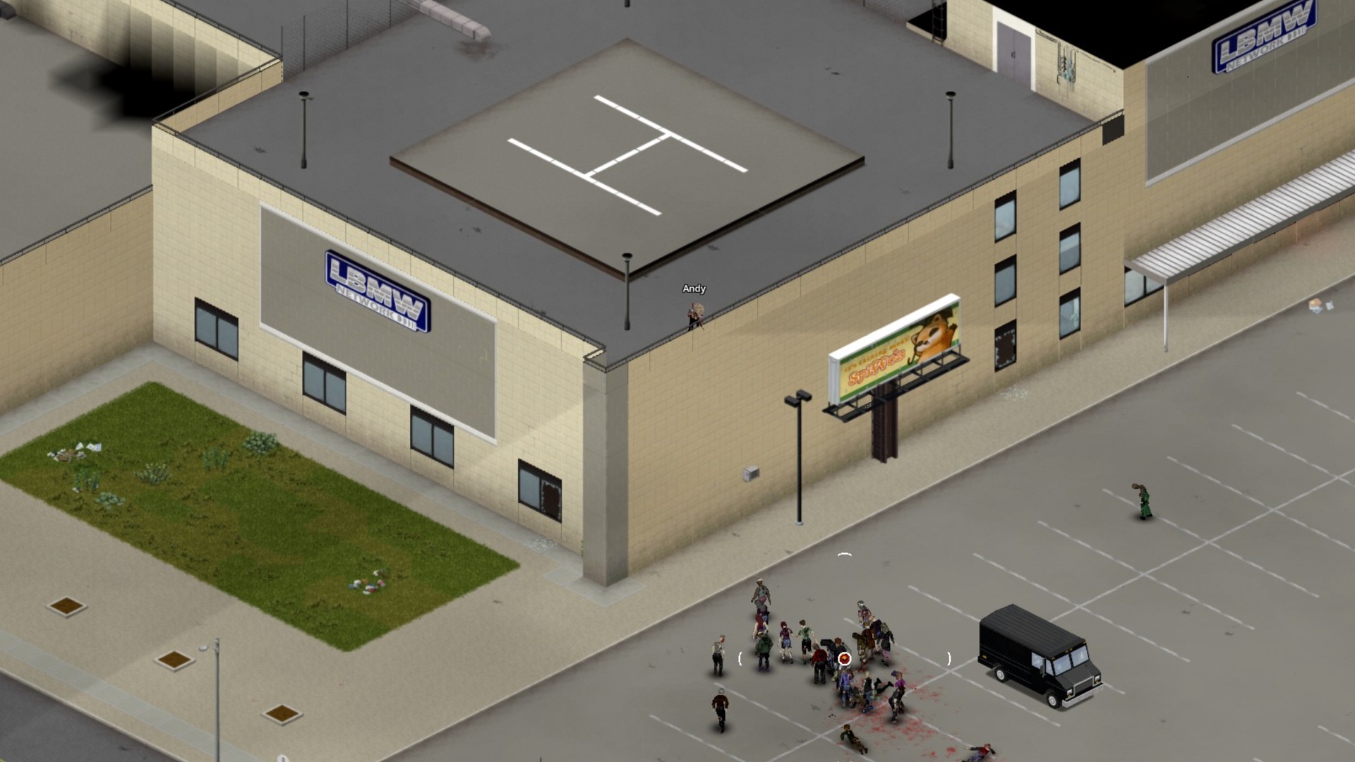 Project Zomboid screenshot showing a player shooting a horse of zombies from the rooftop of a broadcasting studio in Build 42