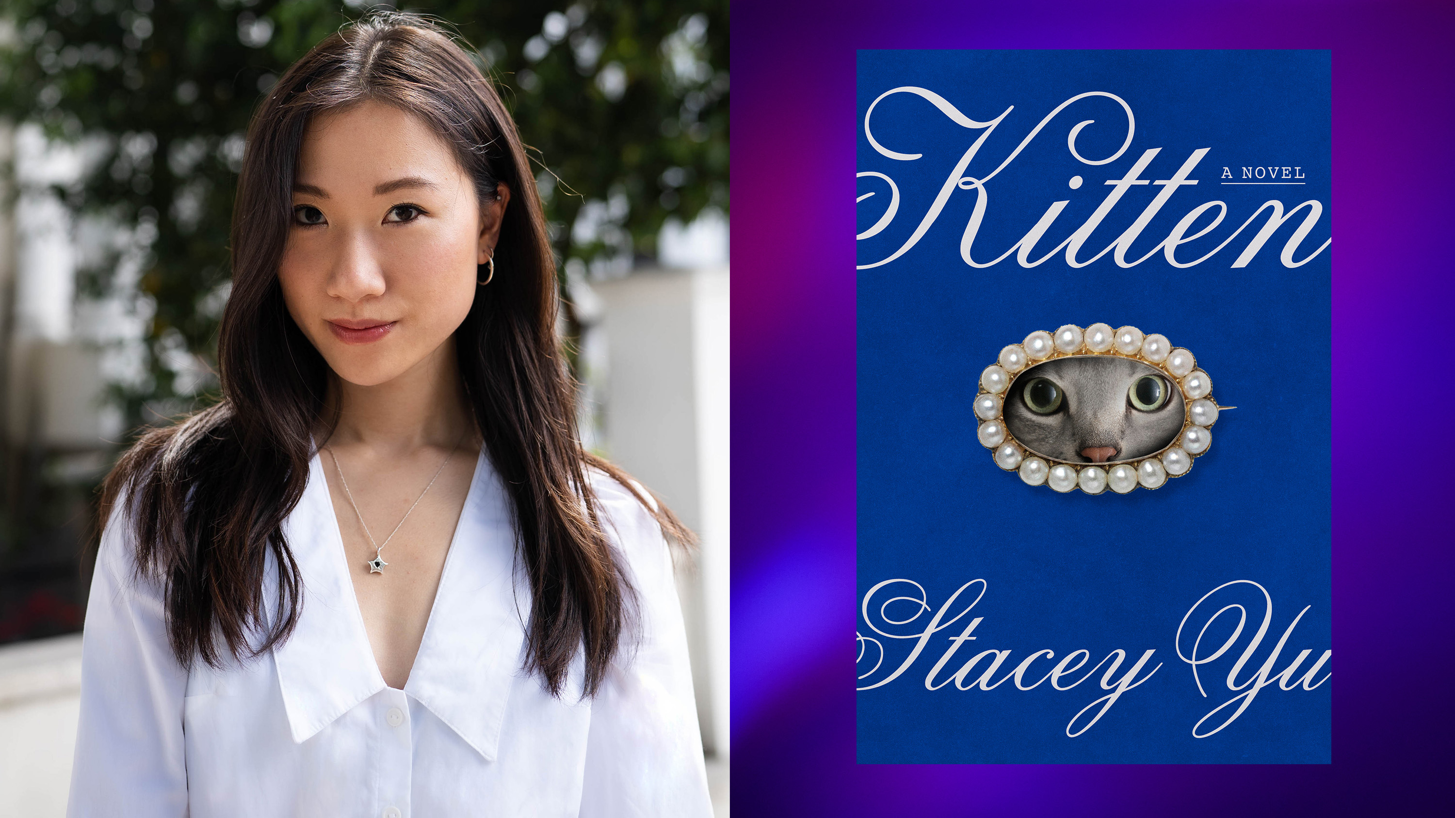 author stacey yu poses in a white shirt in her headshot opposite an image of the cover of her book kitten featuring a cat looking through a pearl bracelet 