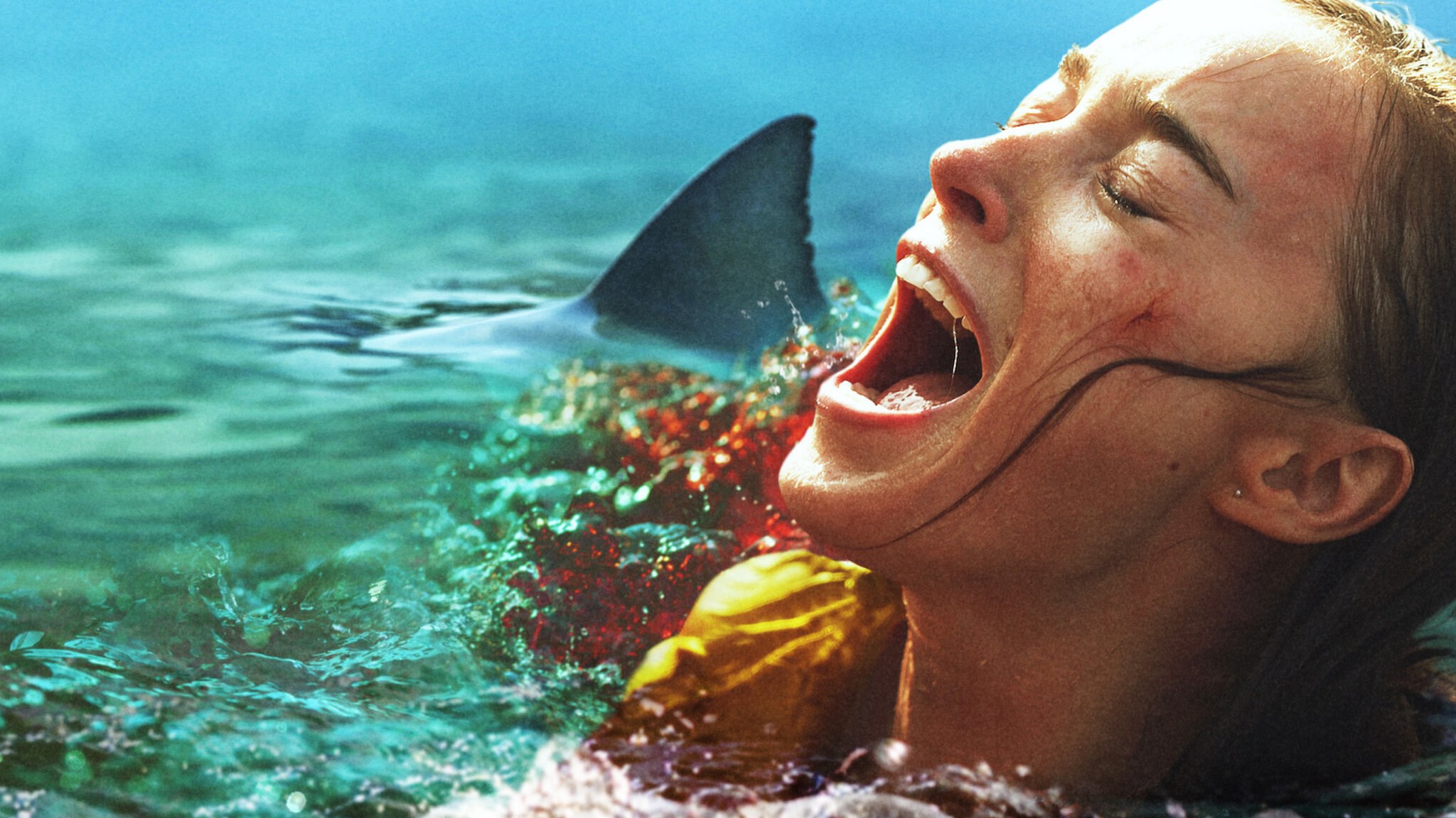 A screenshot of Phoebe Dynevor in the water screaming, with a shark fin and blood in the background