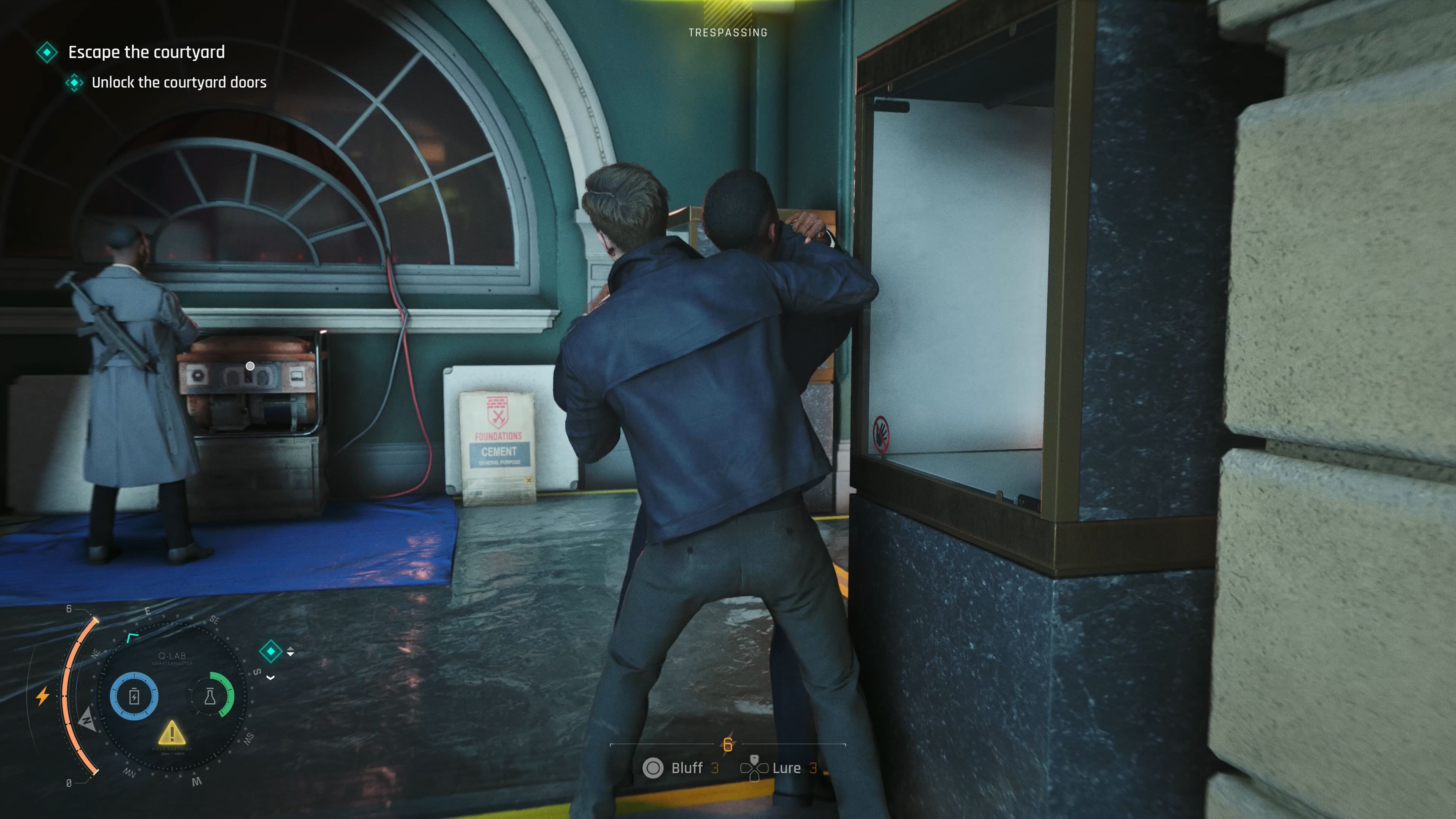 Bond takes down a guard right by another guard.