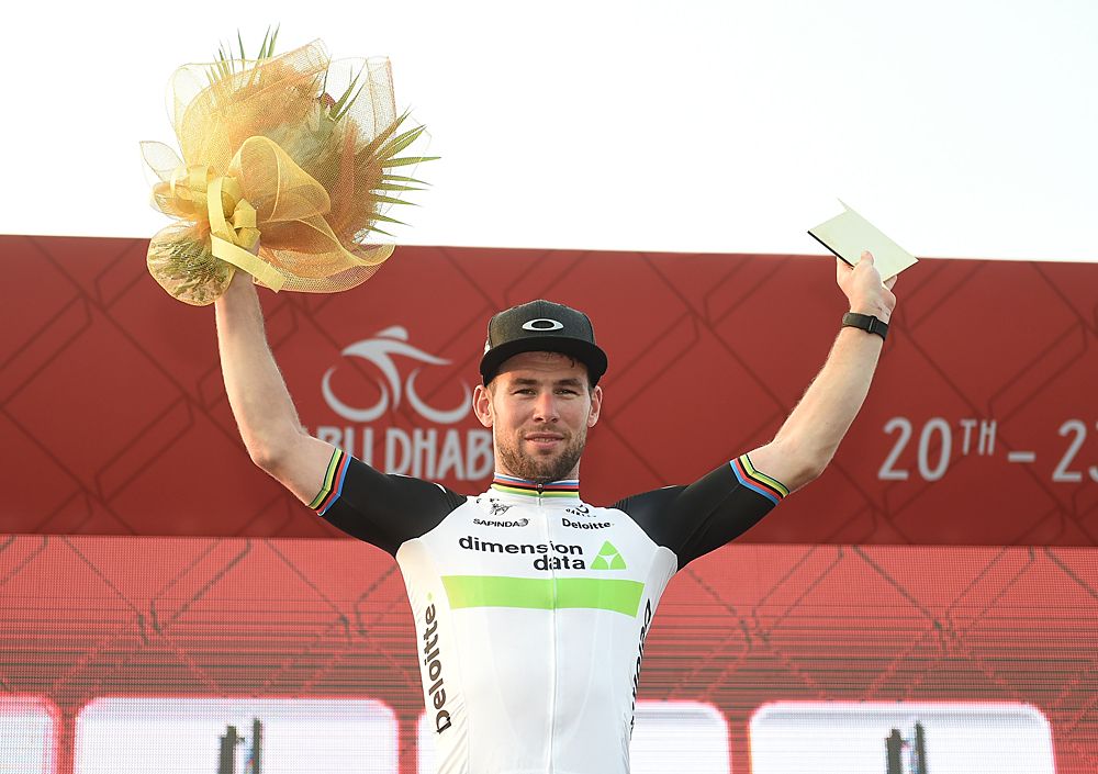 Mark Cavendish (Dimension Data) on the podium after winning stage 2 at 2016 Abu Dhabi Tour