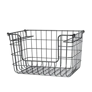 A metal bathroom basket