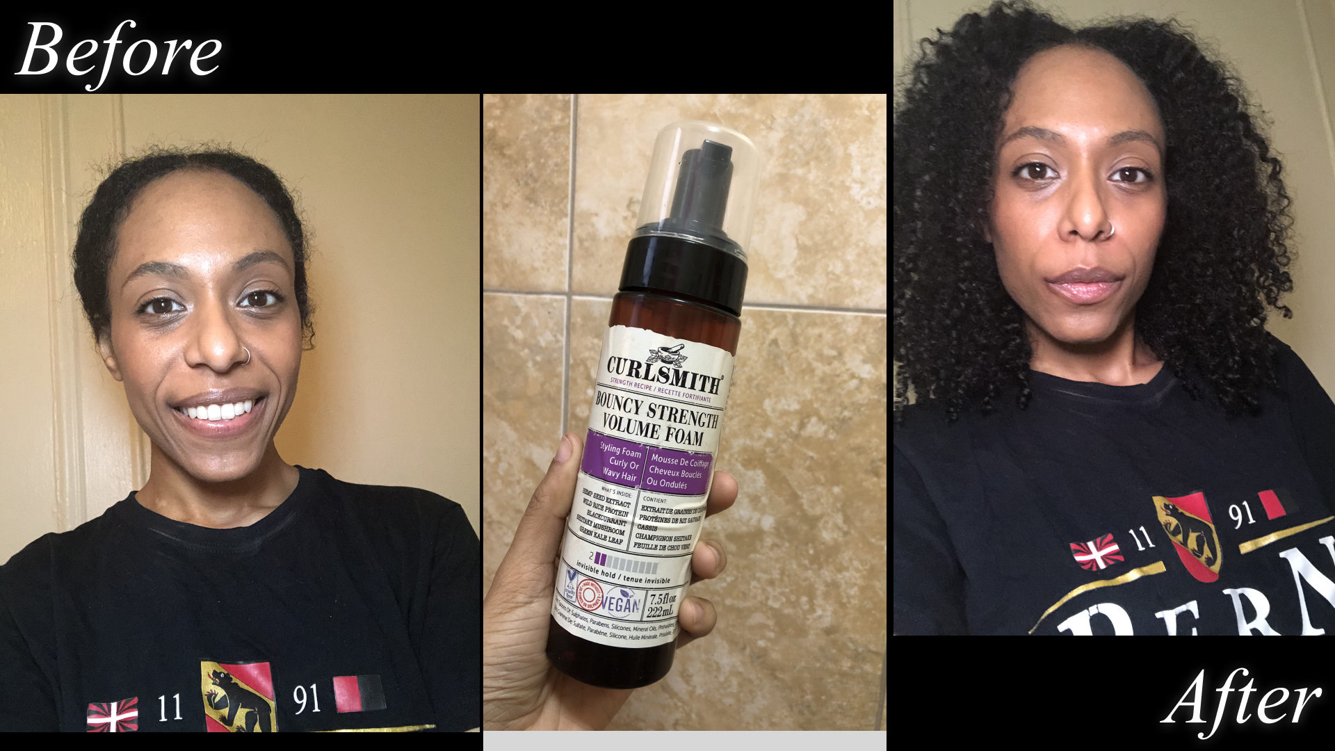 Jamie Wilson before, during, after application of the Curlsmith Bouncy Strength Volume Foam.