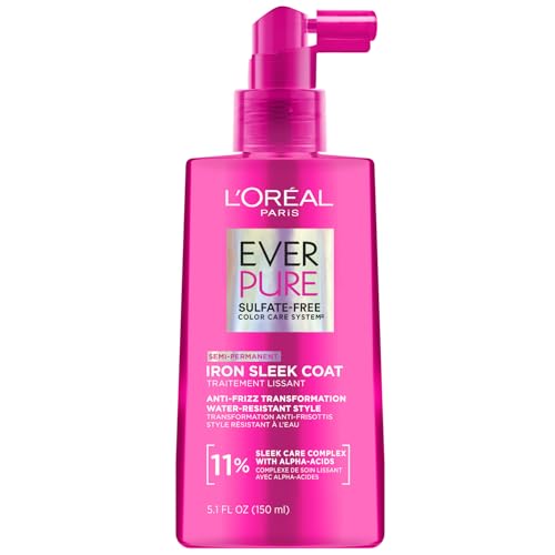 L'oreal Paris Sulfate Free Iron Sleek Coat, Anti-Frizz Hair Treatment Spray With Heat Protection &amp;amp; Humidity Protection, Semi-Permanent Smoothing, Suitable for Color-Treated Hair, Everpure, 5.1 Fl Oz