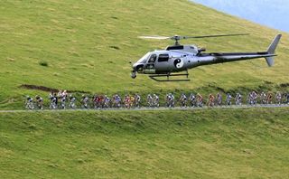 The television helicopter gets up close to the peloton