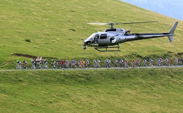 The television helicopter gets up close to the peloton