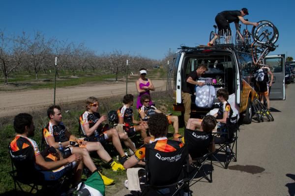 The Optum team relaxes after a hard and very active 120 miles in the final stage of the Merco Cycling Classic.
