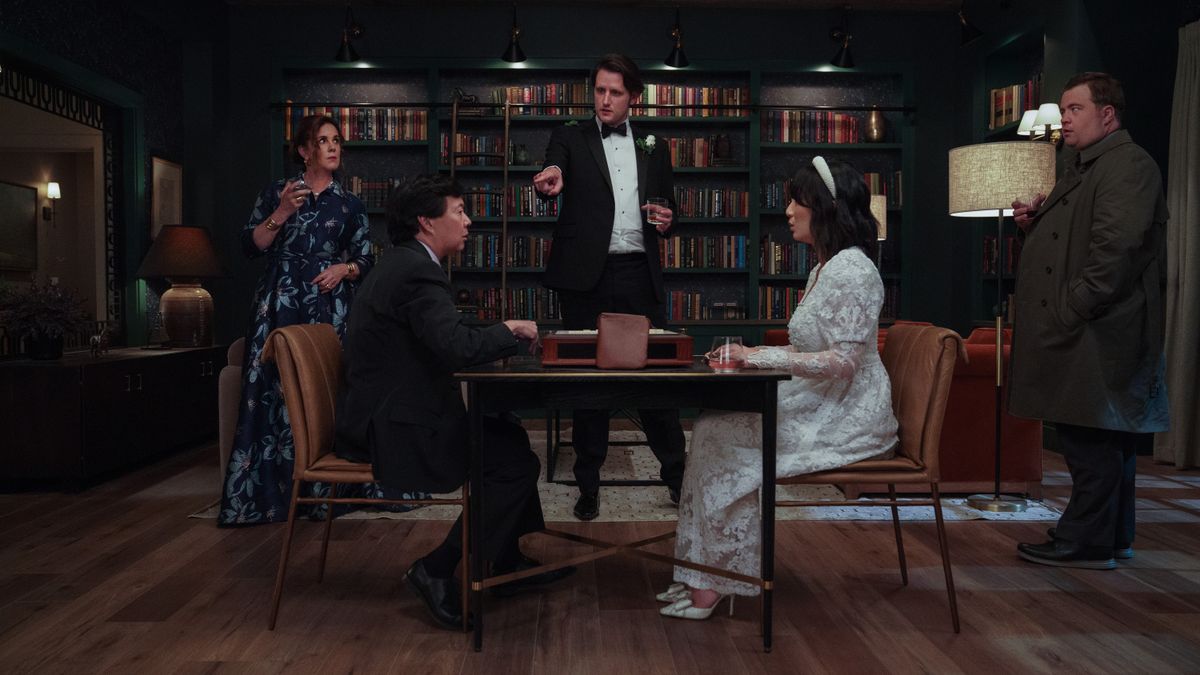 Elizabeth Perkins, Ken Jeong, Zach Woods, Poppy Liu and Paul Walter Hauser in The Afterparty season 2