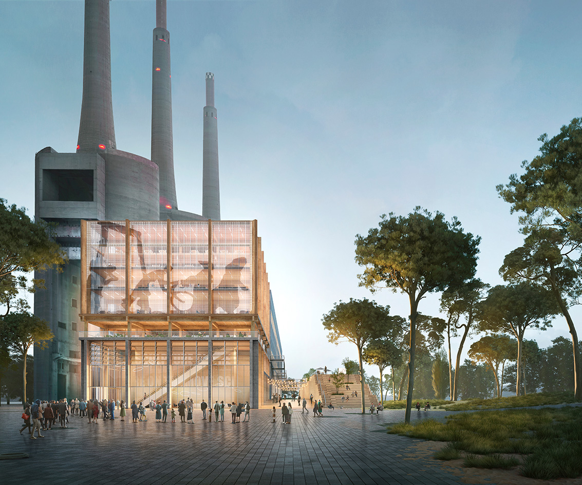 The three chimneys brutalist building redesign - renders seen here of finished visual by GDSB + MARVEL