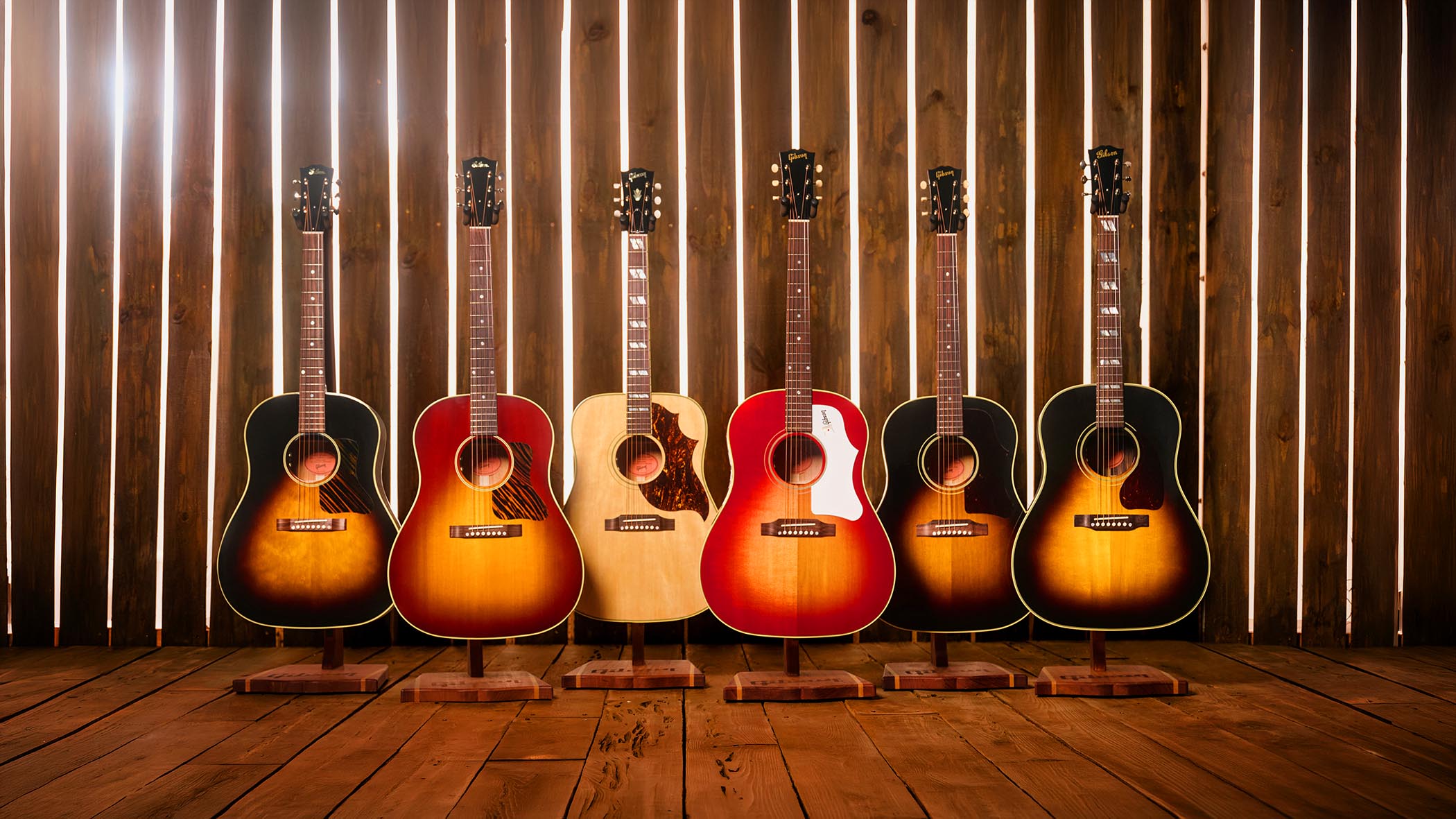 Gibson Original Collection HiFi DNA Acoustics: The J-45 Original, J-45 60s Original Fixed Bridge, Southern Jumbo 40s Original and Country Western 60s Original.