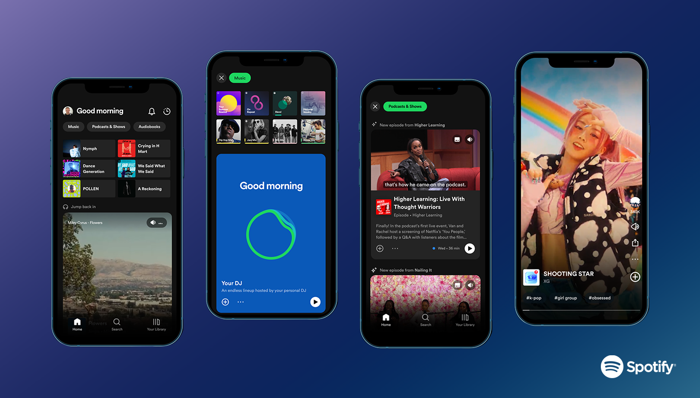 A promo shot for Spotify showing lots of smartphones displaying different Spotify pages and features.