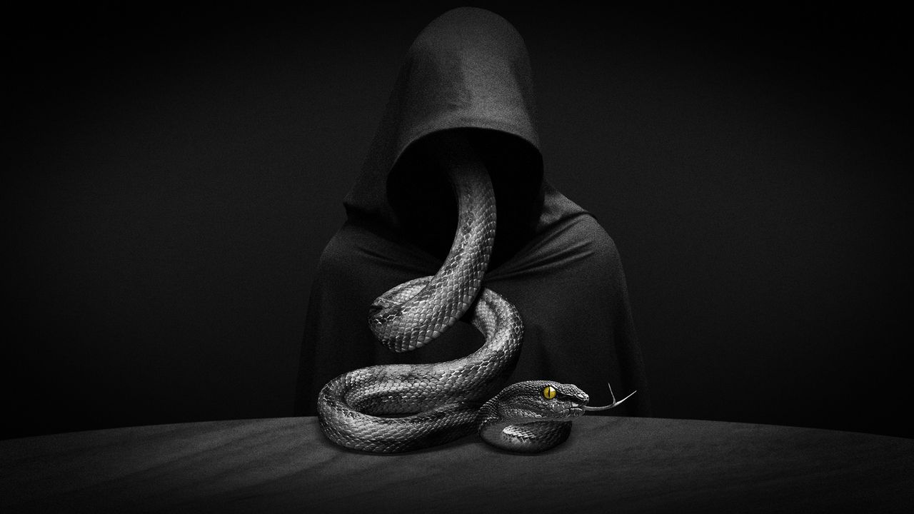 Illustration of a snake descending from the hood of a cloaked figure