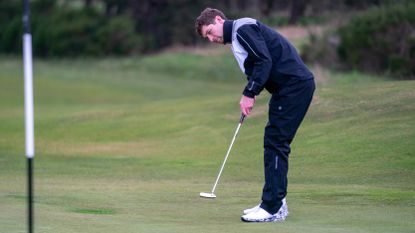 Andy Wright testing out the Galvin Green Andy waterproof trousers at Gleneagles