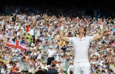 Andy Murray celebrates after beating Novak Djokovic in the Mens Singles Final on Day 13 of the Wimbledon Lawn Tennis Championships at the All England Lawn Tennis and Croquet Club on July 7, 2013. ©Karwai Tang/WireImage/WireImage