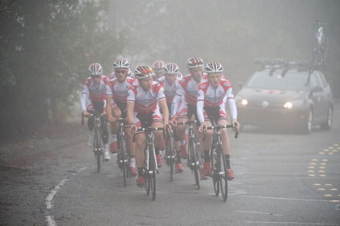 The training ride winds up into the mountains and heavy Pacific Coast fog.