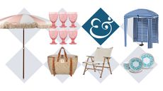 collage of summer and beach ready shopping from Macy's including a striped beach cabana, pink and white striped patio umbrella, outdoor melamine tableware, and a beach chair