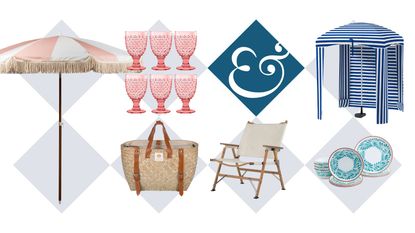 collage of summer and beach ready shopping from Macy's including a striped beach cabana, pink and white striped patio umbrella, outdoor melamine tableware, and a beach chair