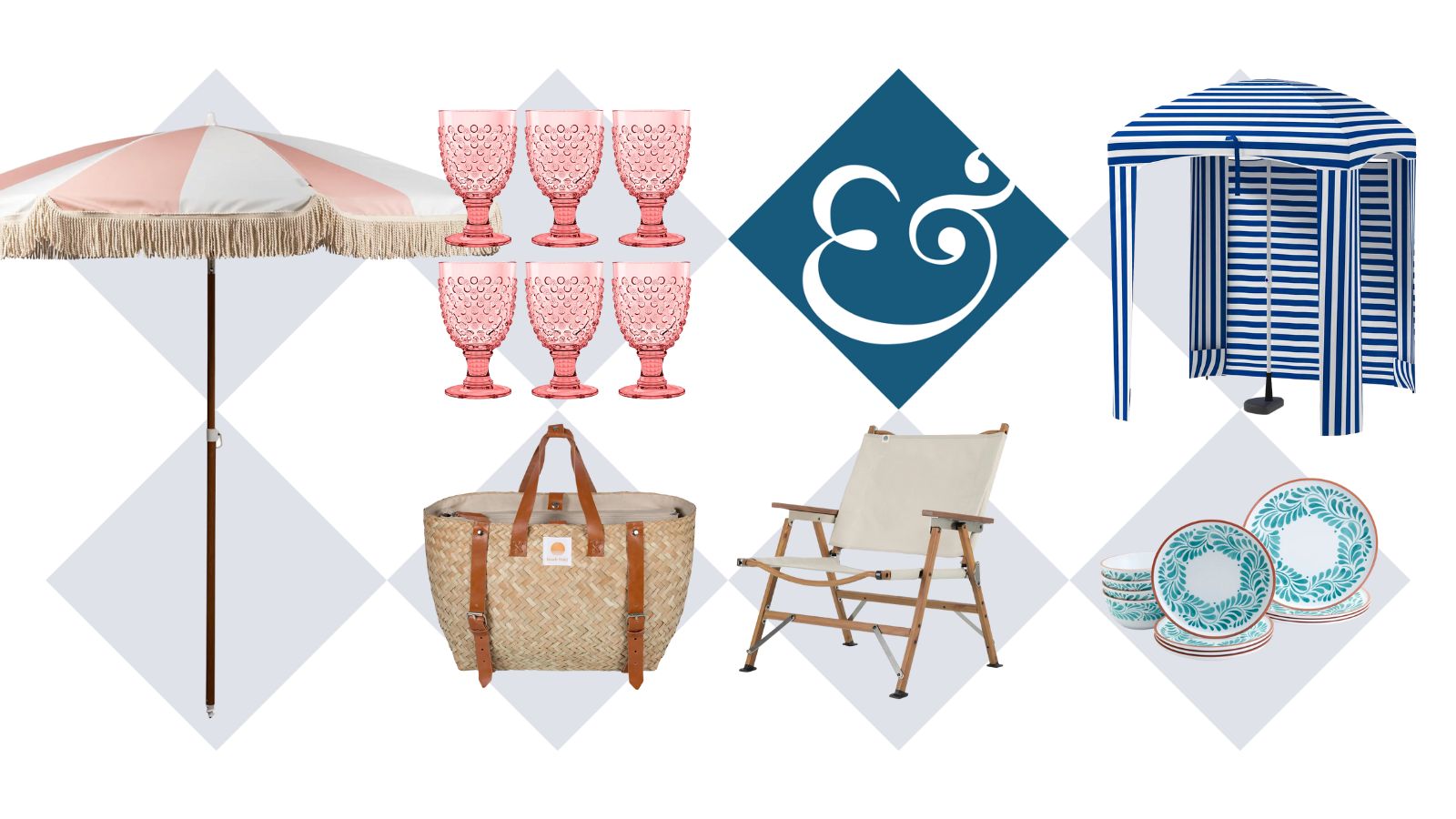collage of summer and beach ready shopping from Macy&#039;s including a striped beach cabana, pink and white striped patio umbrella, outdoor melamine tableware, and a beach chair