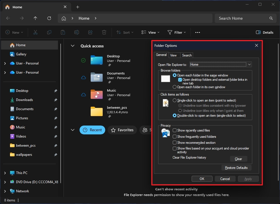 File Explorer Folder Options with dark mode