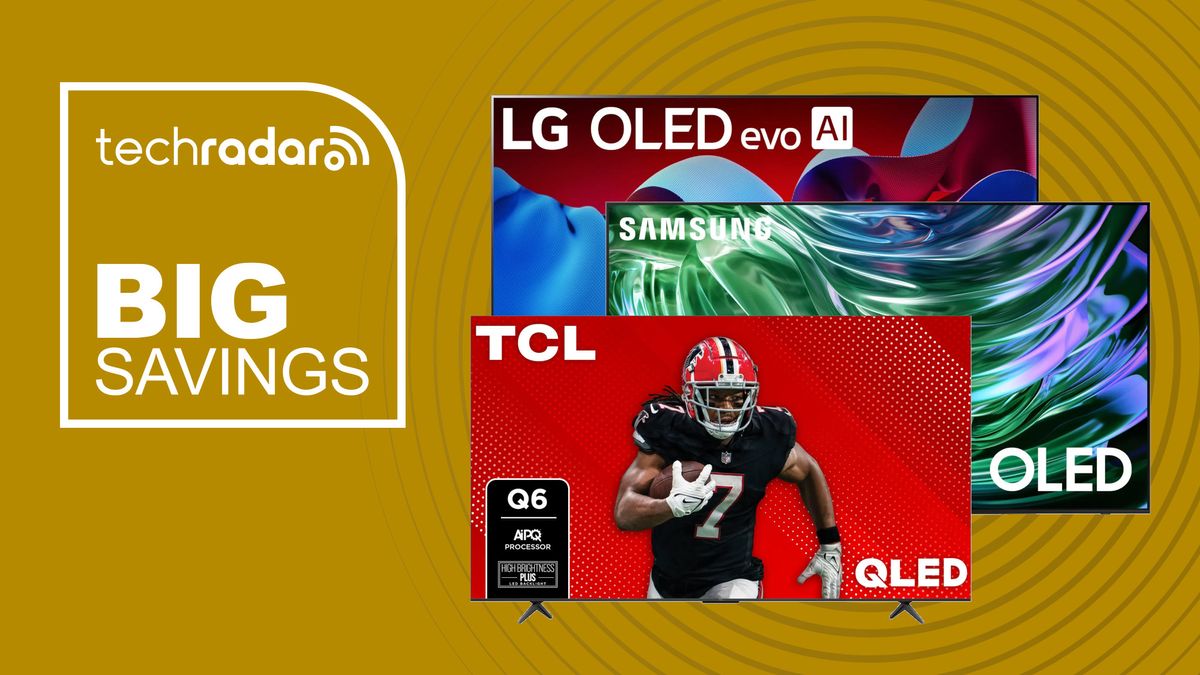 Samsung, LG and TCL TV on a yellow background next to TechRadar big savings badge