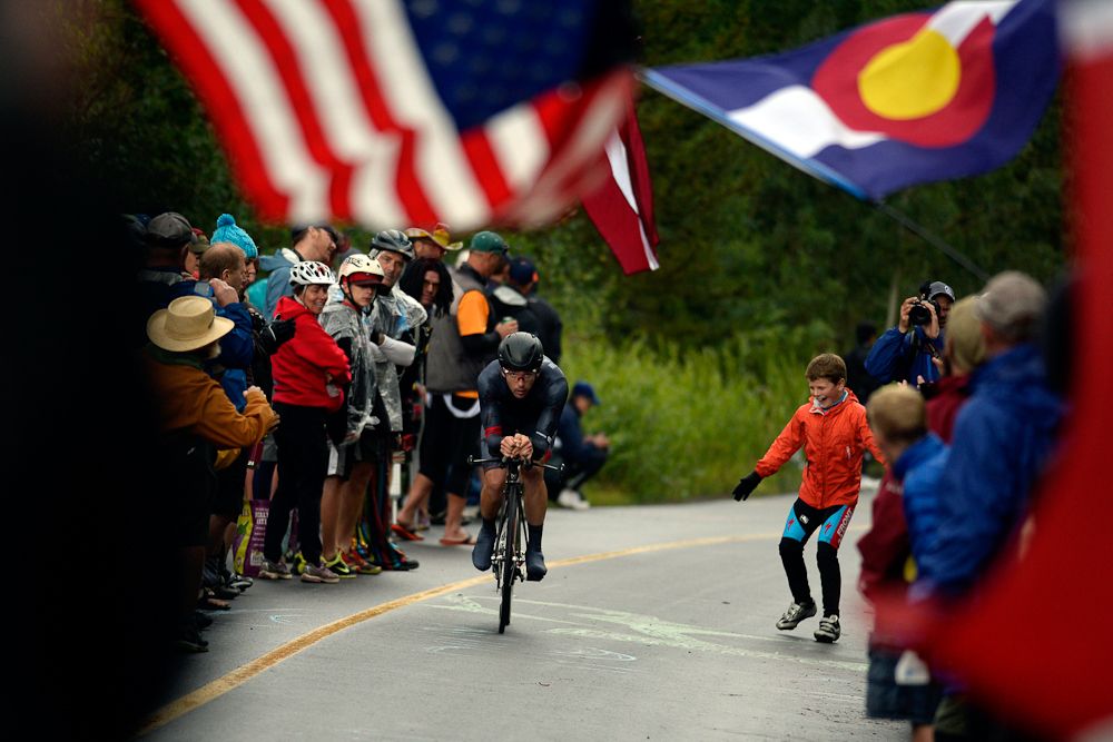 A Hincapie rider makes his way to the top of Vail Pass