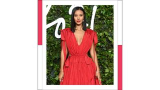 Maya Jama wears a red dress as she attends The Fashion Awards 2021 at the Royal Albert Hall on November 29, 2021 in London, England.
